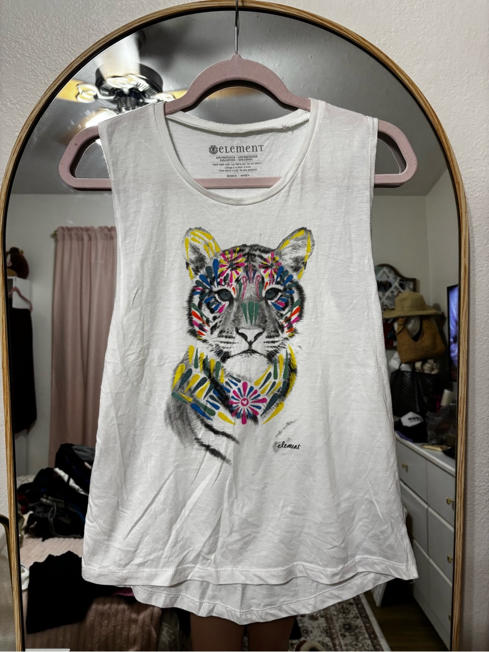 Element White Tank Top with Colorful Floral Tiger Graphic